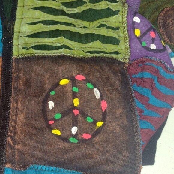 RISING International Hippie Jacket patchwork peace signs colorful size large - Picture 6 of 12